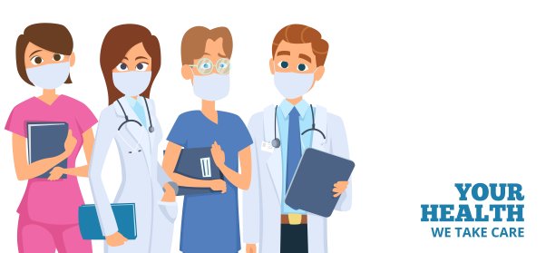 医院的团队。医生和护士都戴防护口罩。医疗卫生矢量横幅图片下载