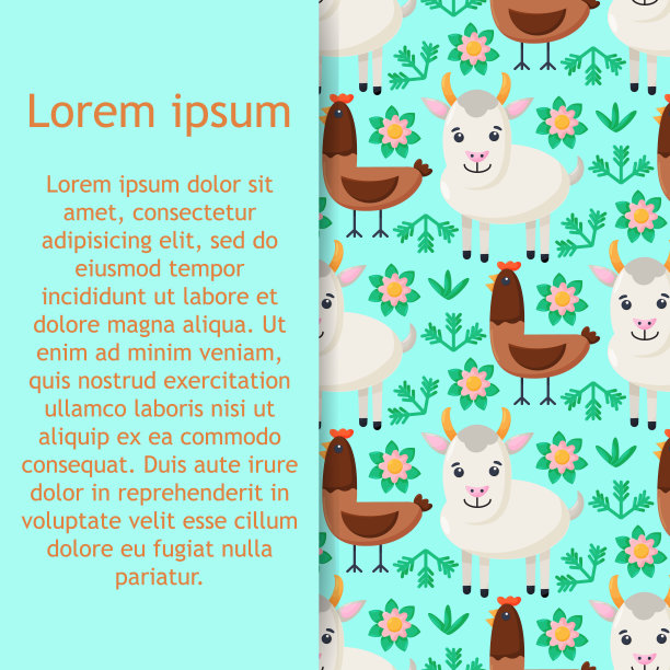 农场动物无缝模式。卡通可爱的小动物的收藏。山羊,鸡肉。平面矢量插图孤立。矢量图图片下载