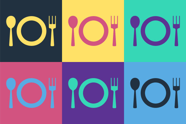 流行艺术盘子，叉子和刀图标孤立的颜色背景。餐具的象征。餐厅的迹象。向量图片下载