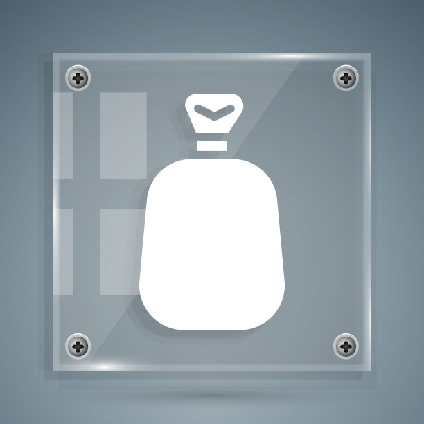 白色满袋图标孤立在灰色背景。方形玻璃面板。向量图片下载