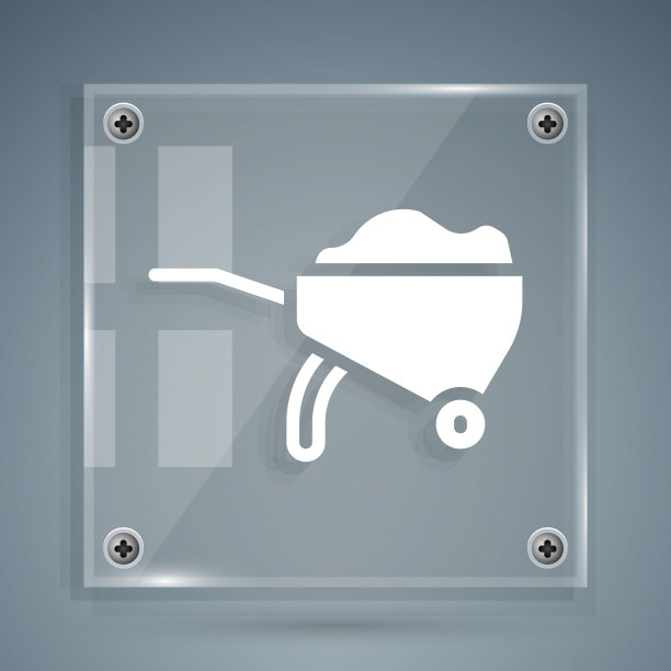 白色手推车与污垢图标孤立在灰色背景。工具设备。农业手推车车轮农场。方形玻璃面板。向量图片下载