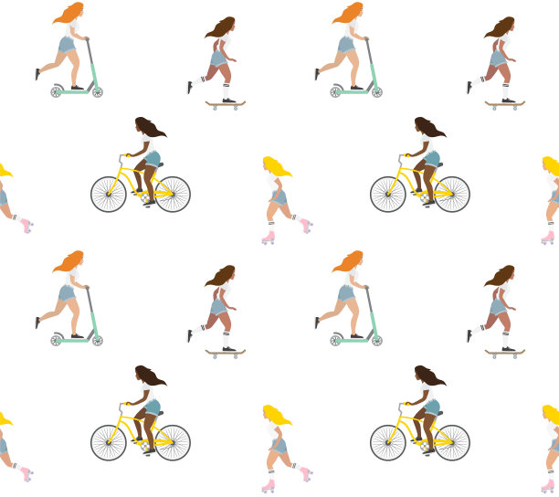 矢量无缝图案不同的平面卡通女性女孩骑自行车滑板等活动图片下载