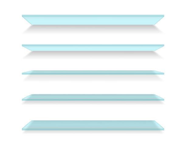 一套玻璃逼真的架子。空荡荡的商店货架。墙展示。超市零售货架上。商店的摊位。矢量插图。图片下载