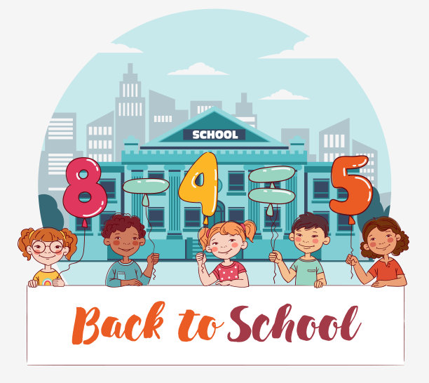 有趣的孩子拿着数字气球。多民族群体的快乐儿童。回到学校向量的概念。快乐的男孩和女孩与白色的旗帜图片下载