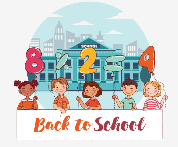 有趣的孩子拿着数字气球。多民族群体的快乐儿童。回到学校向量的概念。快乐的男孩和女孩与白色的旗帜图片下载