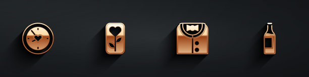 设置钟与心，花玫瑰，西装和酒瓶图标与长影子。向量图片下载