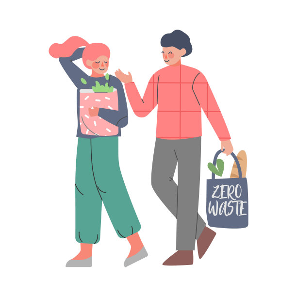 男人和女人用环保袋购物，人们关心环境和生态卡通风格矢量插图图片下载