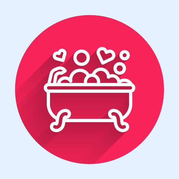 浴室图标中浪漫的白色线条与长长的阴影隔离开来。概念浪漫约会。浪漫浴室与心最爱泡沫。红色圆圈按钮。向量图片下载