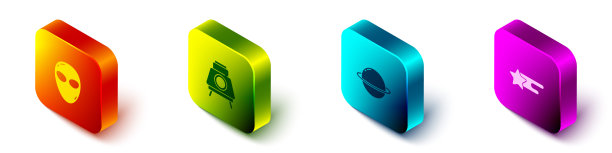 设置等距外星人，火星漫游者，土星行星和陨星图标。向量图片下载