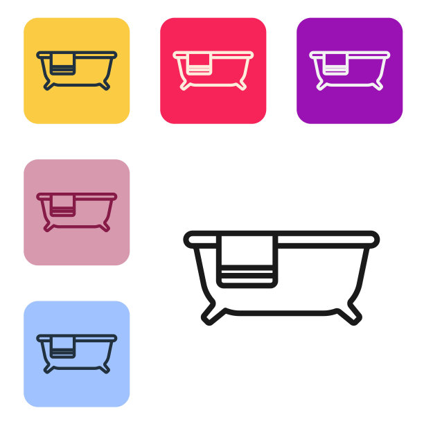 黑线浴缸图标隔离在白色背景上。设置图标的颜色方形按钮。向量图片下载