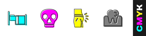 设置医院病床，头骨，腹胀和牙齿与龋齿图标。向量图片下载