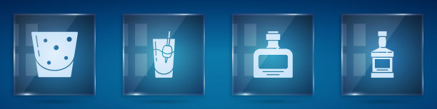 设置玻璃杯的朗姆酒，鸡尾酒血腥玛丽，威士忌瓶子和。方形玻璃面板。向量图片下载