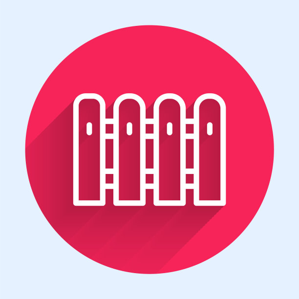 白线花园栅栏木制图标孤立与长影子。红色圆圈按钮。向量图片下载