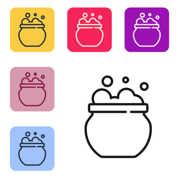 黑线女巫坩埚图标孤立在白色背景。快乐的万圣节派对。设置图标的颜色方形按钮。向量图片下载