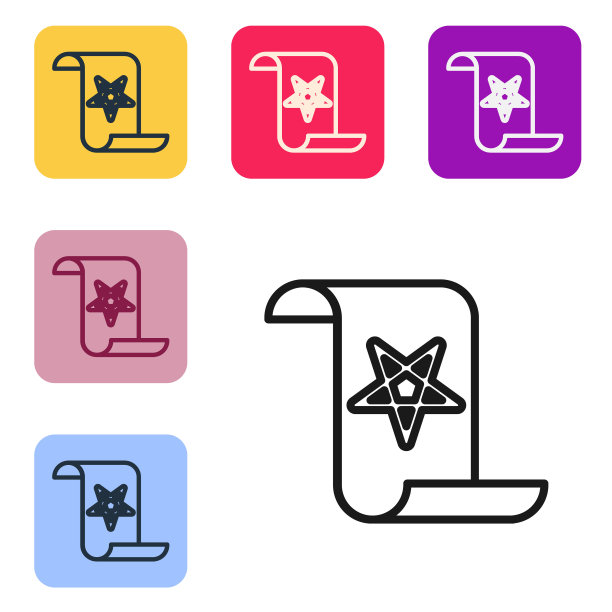 黑线古老的魔法书与炼金术配方和神秘的咒语和结界图标孤立在白色的背景。设置图标的颜色方形按钮。向量图片下载