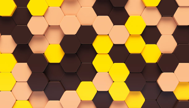 五彩缤纷的蜂窝移位六角形背景，在棕色，黄色和桃色调色板。3 d渲染插图。图片下载