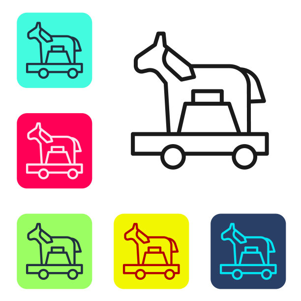 黑线特洛伊木马图标隔离在白色背景。在彩色方形按钮中设置图标。向量图片下载