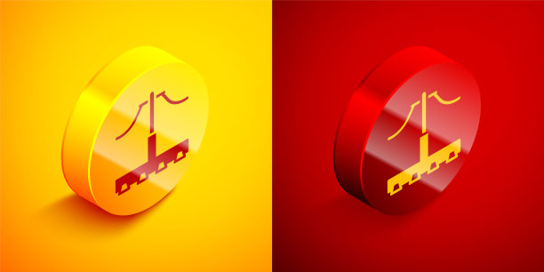 等距铁路图标孤立在橙色和红色的背景。铁路架空线。接触线。圆按钮。向量图片下载