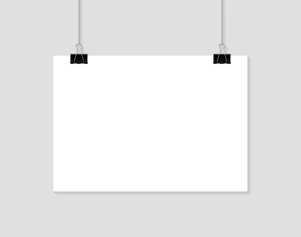 空白海报挂在剪子上。A4纸页，横向格式。现实的白纸。设计海报模型。图片下载