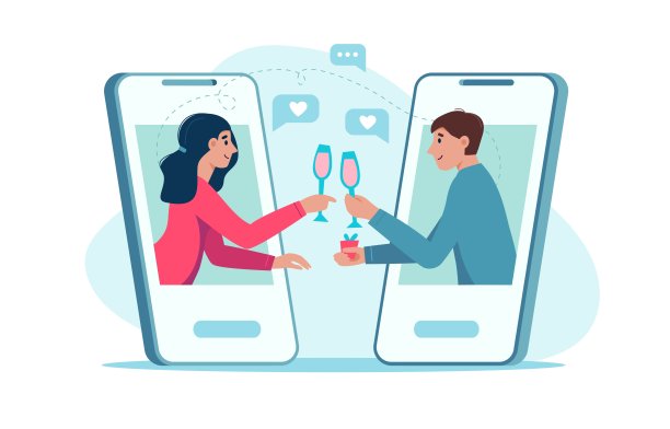 虚拟关系在线约会和社交距离，通过智能手机应用视频聊天。图片下载