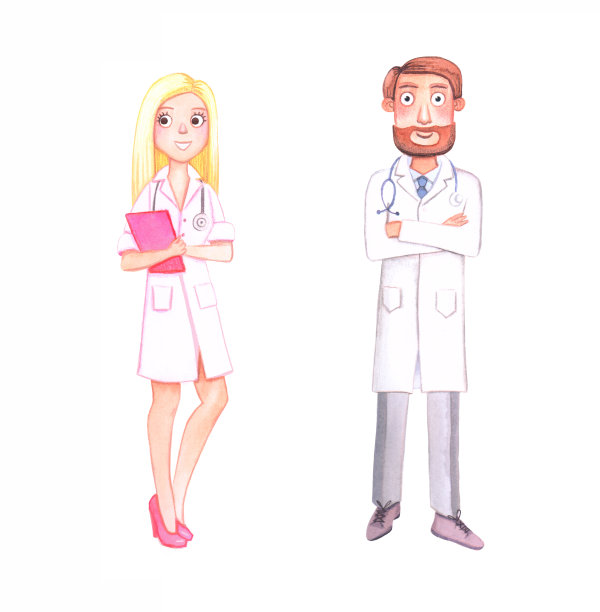 水彩人物。医生男，深色头发，留着胡子，穿着白色外套，衬衫上系着蓝色领带，带着听诊器图片下载