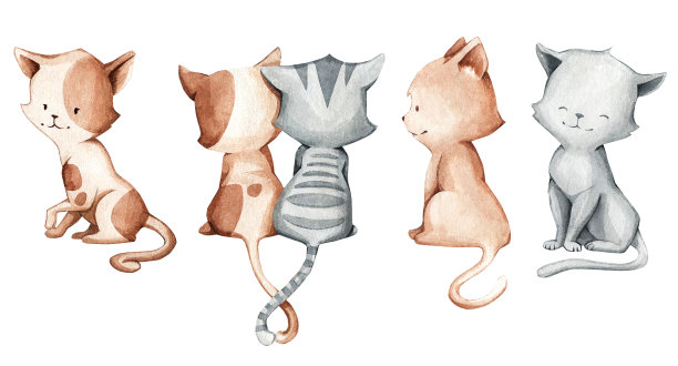 一组家猫坐在地上的水彩画风格。适用于笔记本、服装、墙纸、器皿、物品等图片下载