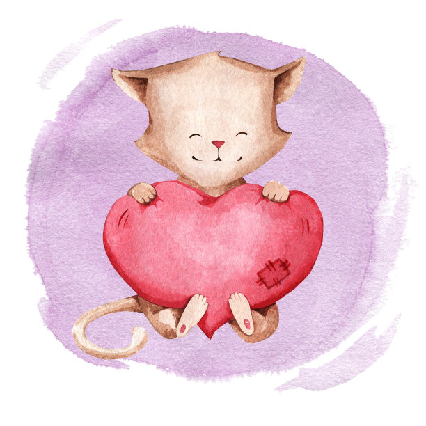 水彩画的猫与粉红色的心。适用于服装、墙纸、纸张、贴纸、书籍、器皿等图片下载