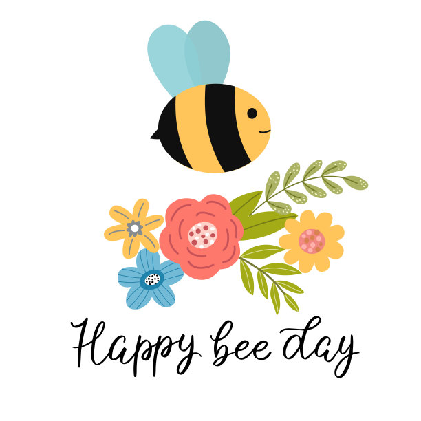 一套明亮的春天元素-叶子，花，蜜蜂和题词-快乐的蜜蜂日-在向量图形上的白色背景。用于设计明信片，海报，印刷品的包装，封面图片下载
