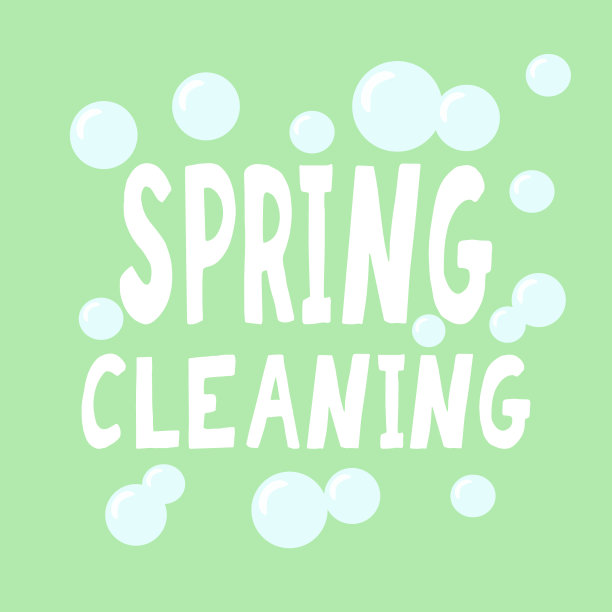 春季清洁手绘标志，徽章，图标与泡泡。海报，卡片，传单，横幅模板。文字排版。图片下载