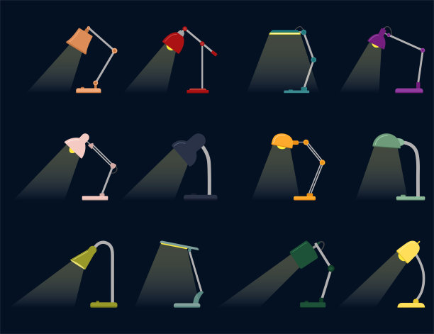 一套台灯与灯光，矢量插图在黑暗的背景图片下载