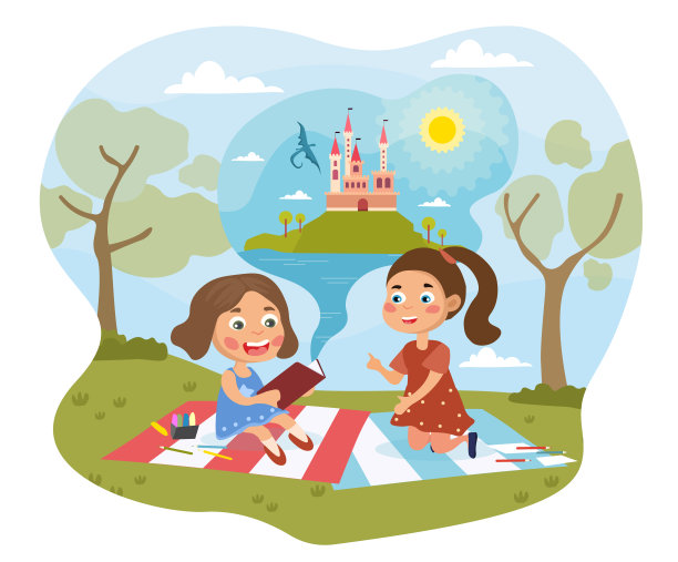 两个小女孩在读一本童话书图片下载