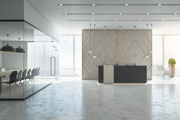 舒适的办公大厅，接待台和会议桌。图片下载
