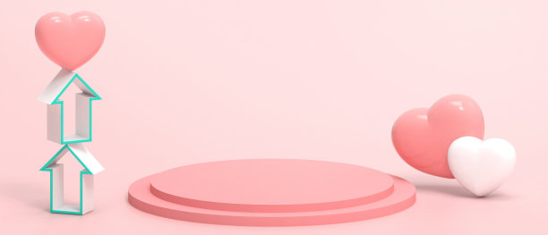 《小领奖台》、《情人节》和《红心箭》。展示横幅在红色背景- 3d渲染图片下载