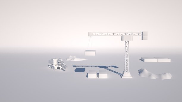 建筑工地的平面布置图、建筑起重机及挖掘机的三维图示。白色背景上的孤立设计元素。图片下载