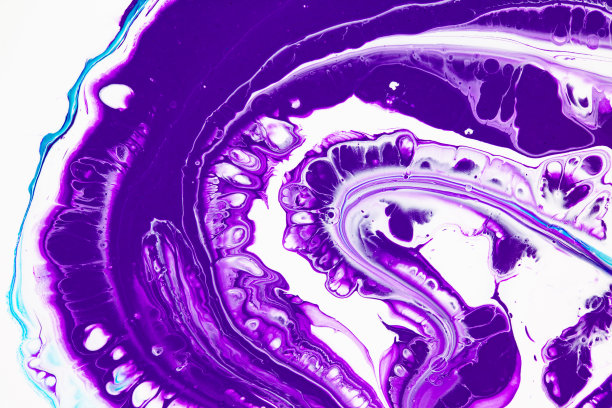 流体艺术纹理。背景与抽象漩涡油漆效果。液体丙烯酸画与流行的混合油漆。可用于网站背景。紫色、绿松石色和白色。图片下载