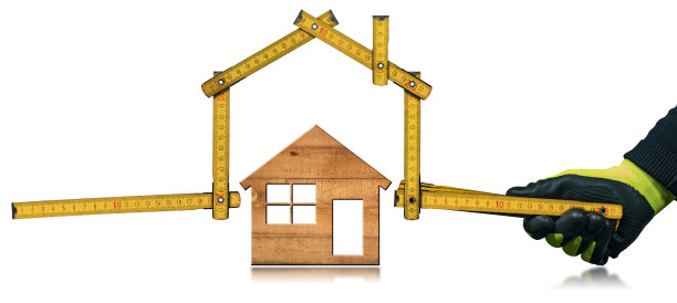 手与工作手套持有折叠尺房子形状图片下载