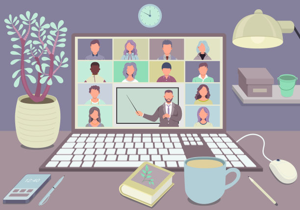 在线课堂。小学生或学生在家里用电脑学习。通过电话会议在家学习。冠状病毒隔离期间使用笔记本电脑进行视频电话会议。插图图片下载