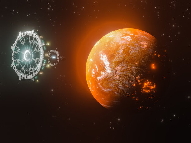 监视和研究太阳系外未知行星的卫星。美丽的抽象插图，行星在太空和闪亮的星星。有活火山的未知行星。库存图片图片下载