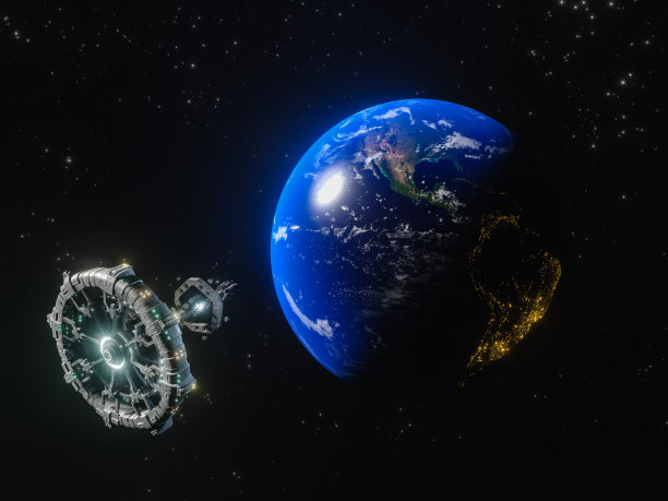 绕地球运行的空间站，间谍或GPRS/GPS或绕地球运行的气象卫星。大气中的研究、探测和监测。地球表面上方轨道上的通信卫星。库存图片图片下载