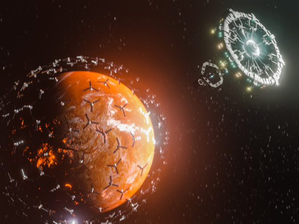 监视和研究太阳系外未知行星的卫星。美丽的抽象插图，行星在太空和闪亮的星星。有活火山的未知行星。库存图片图片下载