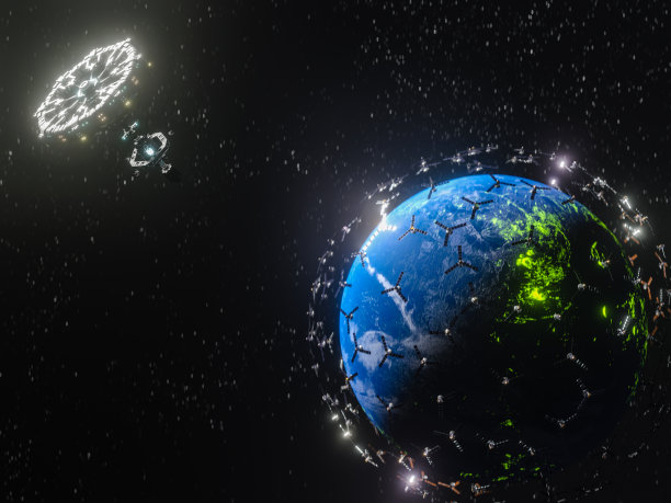 监视和研究太阳系外未知行星的卫星。美丽的抽象插图，行星在太空和闪亮的星星。有活火山的未知行星。库存图片图片下载