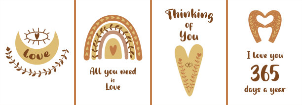 波西米亚风格的情人节贺卡套装。波希米亚的月亮，彩虹，心，手做心，手势。爱的旗帜集合。图片下载