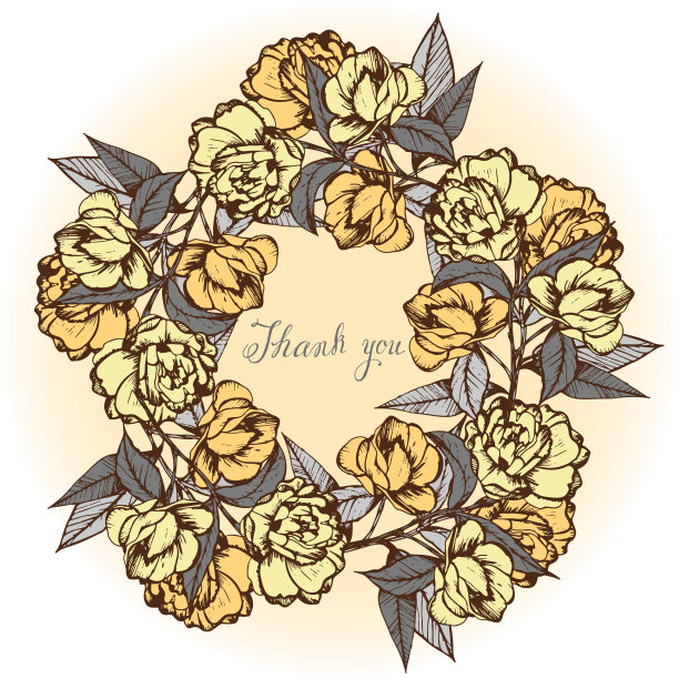 山茶花，美丽的古董卡，油墨，手工，鲜花，花蕾，叶子，花圈，黄色和灰色图片下载