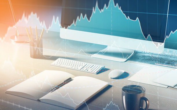 交易市场工作在家。3d工作场所与电脑，记事本，一杯咖啡。图片下载