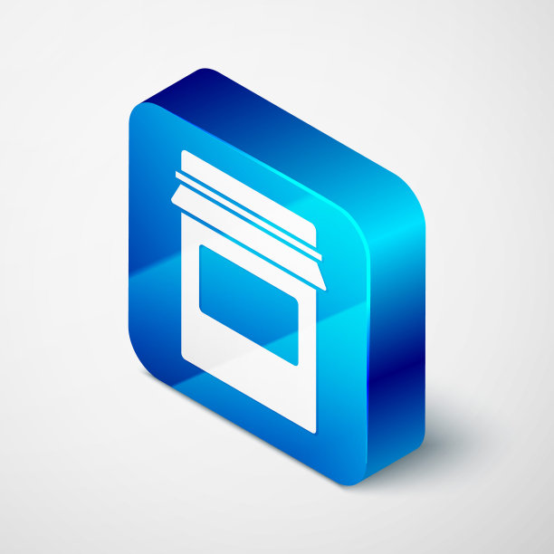 等距果酱罐图标孤立在灰色背景。蓝色方块按钮。向量图片下载