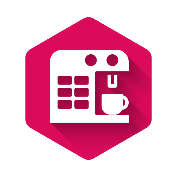 白咖啡机图标孤立与长影子。粉红色的六角按钮。向量图片下载