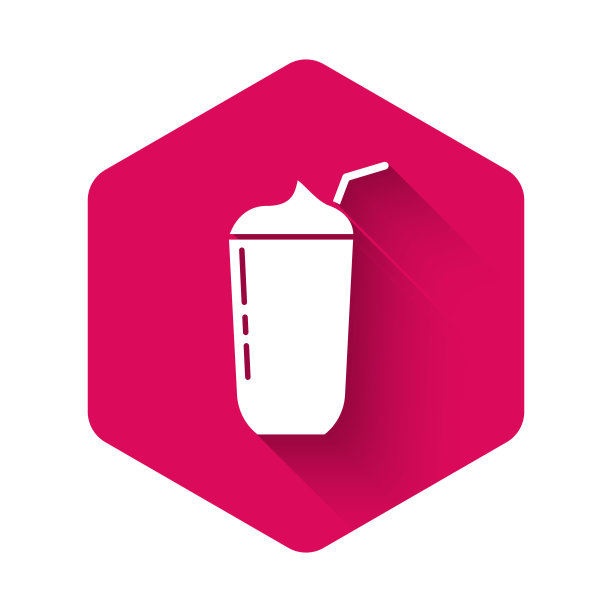 白色奶昔图标孤立与长影子。塑料杯盖和吸管。粉红色的六角按钮。向量图片下载