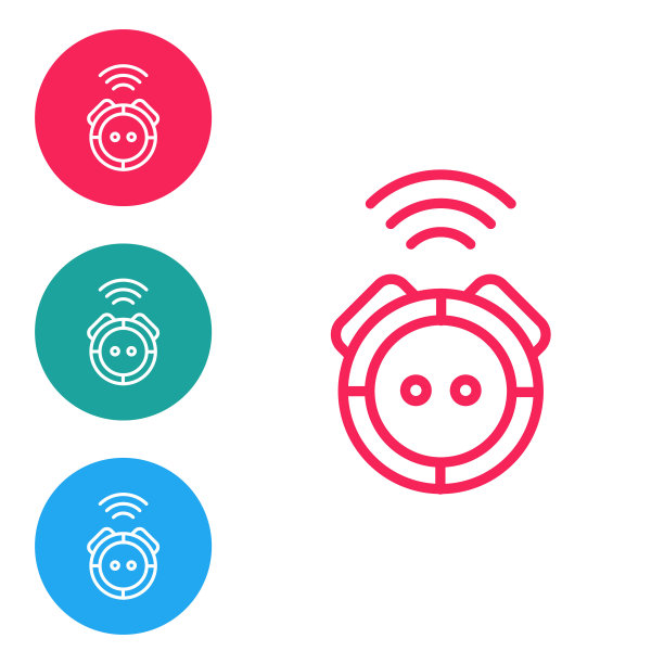 红色线机器人吸尘器图标隔离在白色背景上。家用智能电器自动吸尘，数码家居清洁装置。在圆形按钮中设置图标。向量图片下载