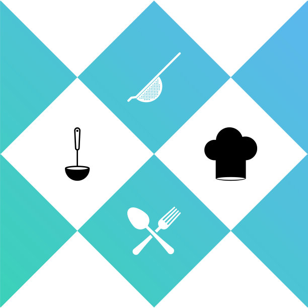 设置厨房勺子，交叉叉和勺子，滤锅和厨师帽图标。向量图片下载