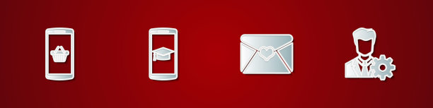 设置购物篮在手机上，毕业帽，信封与情人的心和配置文件设置图标。向量图片下载